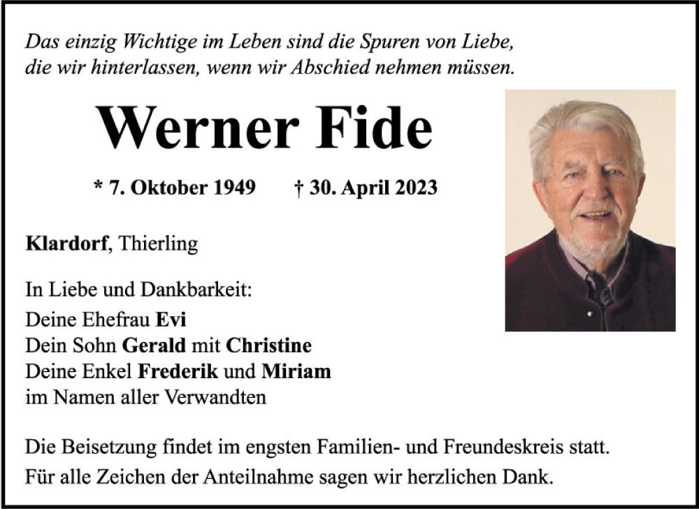  Traueranzeige für Werner Fide vom 04.05.2023 aus Mittelbayerische Zeitung Schwandorf