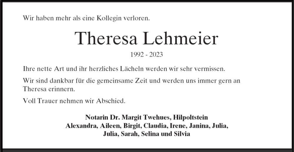  Traueranzeige für Theresa Lehmeier vom 07.06.2023 aus Neumarkter Tagblatt