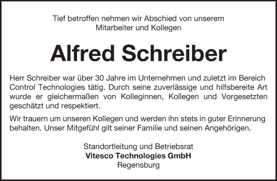 Traueranzeige von Alfred Schreiber von Mittelbayerische Zeitung Regensburg