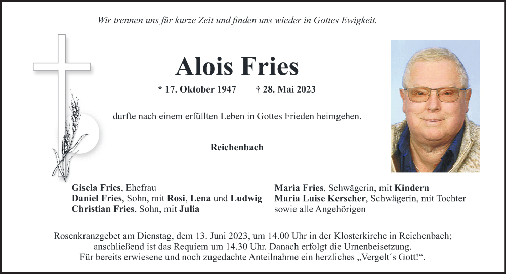  Traueranzeige für Alois Fries vom 10.06.2023 aus Bayerwald Echo