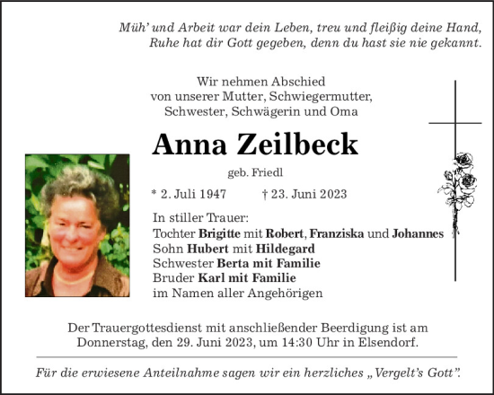 Traueranzeigen von Anna Zeilbeck | Mittelbayerische Trauer