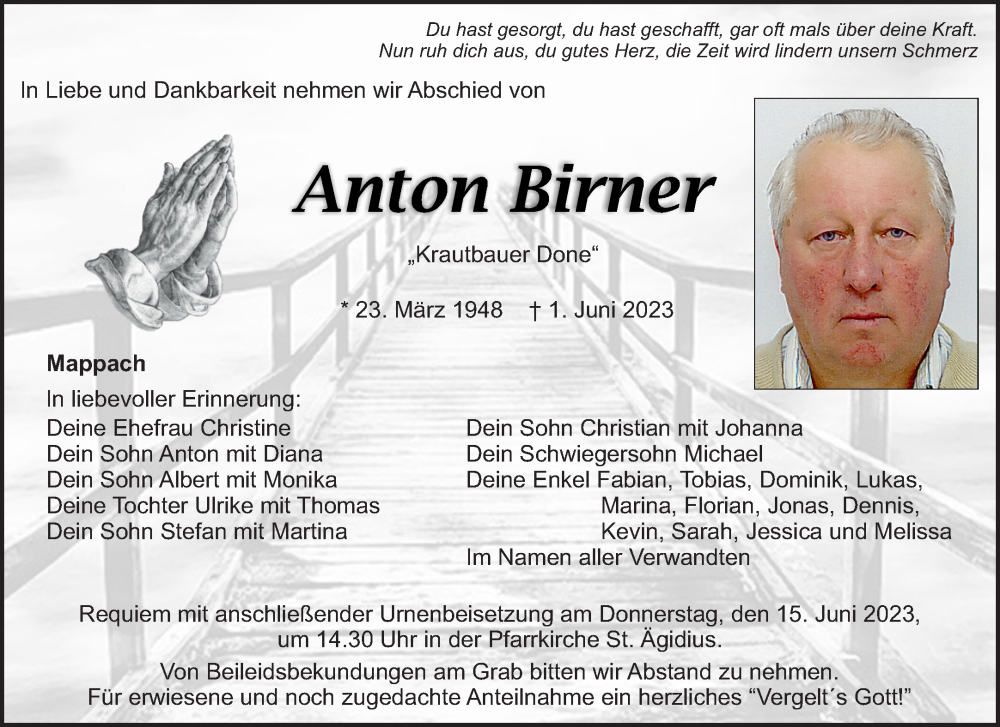  Traueranzeige für Anton Birner vom 10.06.2023 aus Mittelbayerische Zeitung Schwandorf