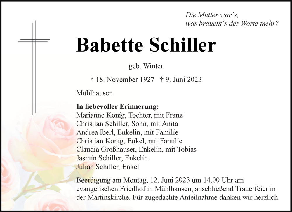  Traueranzeige für Babette Schiller vom 10.06.2023 aus Neumarkter Tagblatt
