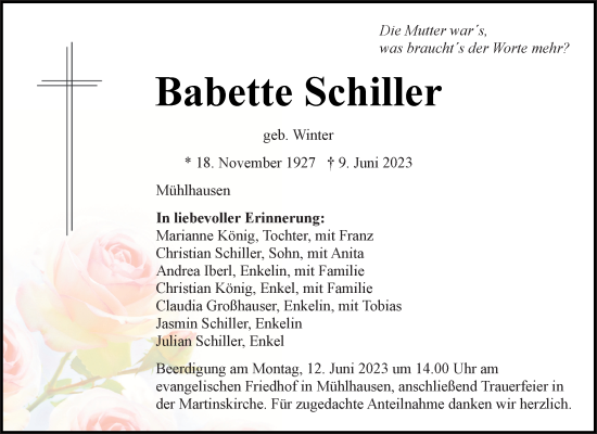 Traueranzeige von Babette Schiller von Neumarkter Tagblatt