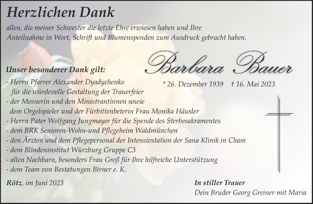  Traueranzeige für Barbara Bauer vom 10.06.2023 aus Bayerwald Echo