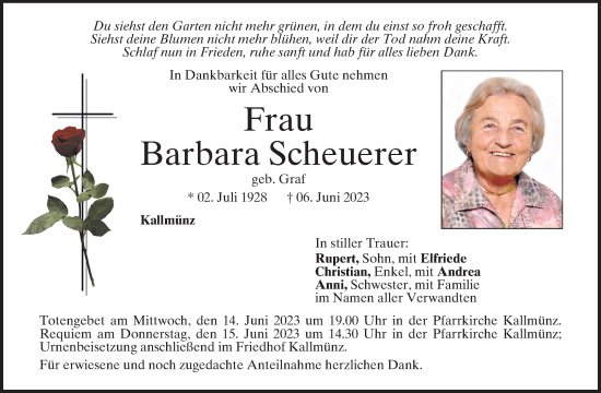 Traueranzeige von Barbara Scheuerer von Mittelbayerische Zeitung Regensburg