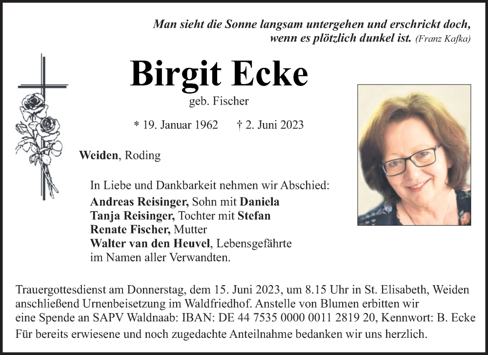  Traueranzeige für Birgit Ecke vom 10.06.2023 aus Bayerwald Echo