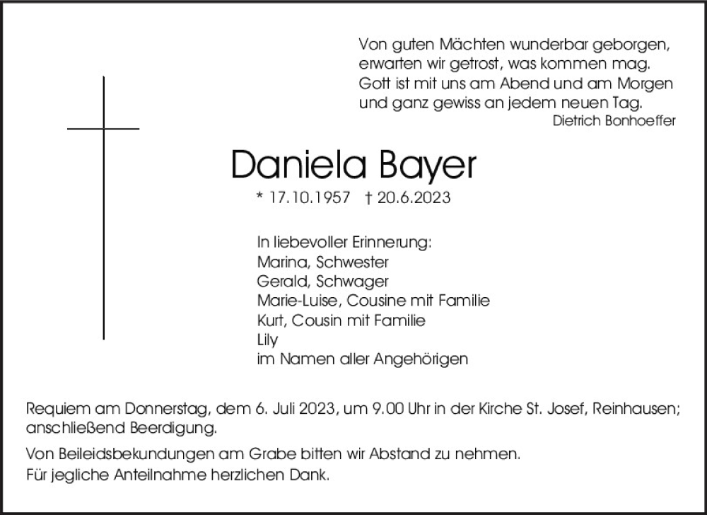  Traueranzeige für Daniela Bayer vom 24.06.2023 aus Mittelbayerische Zeitung Regensburg