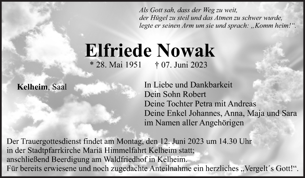  Traueranzeige für Elfriede Nowak vom 10.06.2023 aus Mittelbayerische Zeitung Kelheim