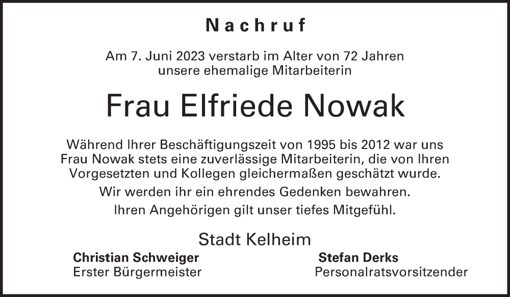  Traueranzeige für Elfriede Nowak vom 14.06.2023 aus Mittelbayerische Zeitung Kelheim