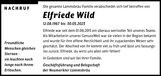 Traueranzeige von Elfriede Wild von Neumarkter Tagblatt