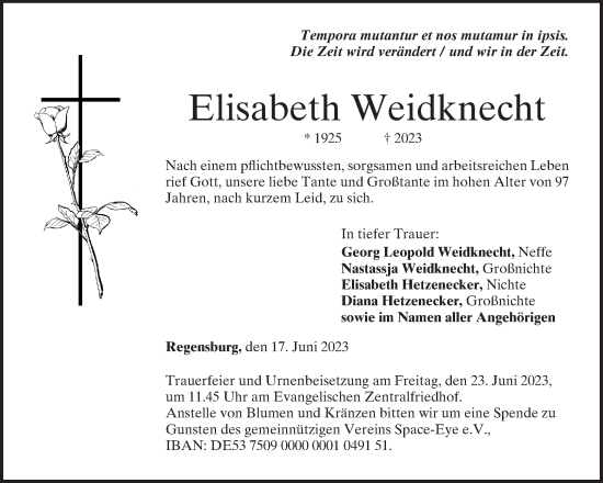 Traueranzeige von Elisabeth Weidknecht von Mittelbayerische Zeitung Regensburg