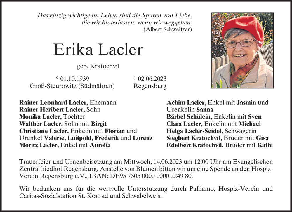  Traueranzeige für Erika Lacler vom 10.06.2023 aus Mittelbayerische Zeitung Regensburg