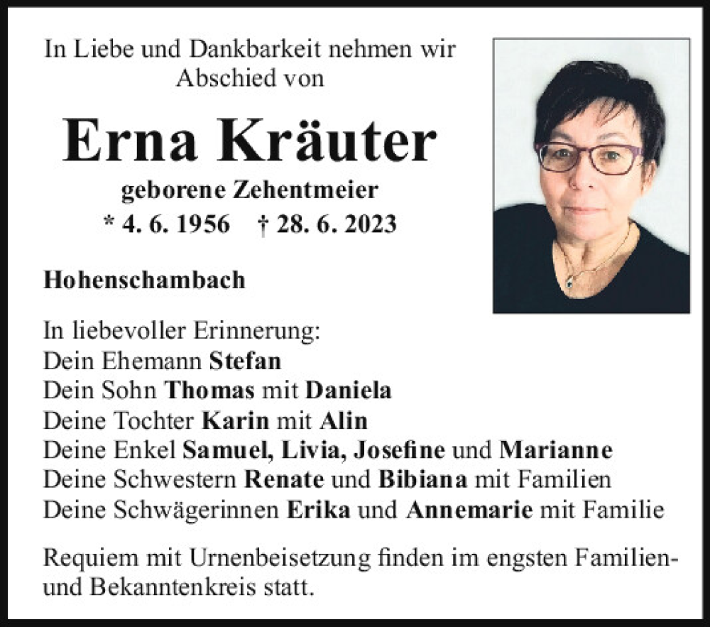  Traueranzeige für Erna Kräuter vom 01.07.2023 aus Mittelbayerische Zeitung Kelheim
