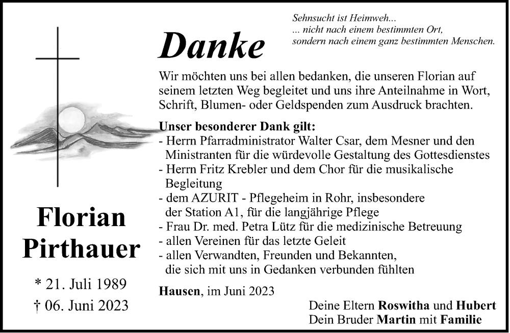  Traueranzeige für Florian Pirthauer vom 17.06.2023 aus Mittelbayerische Zeitung Kelheim
