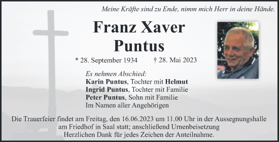 Traueranzeige von Franz Xaver Puntus von Mittelbayerische Zeitung Kelheim