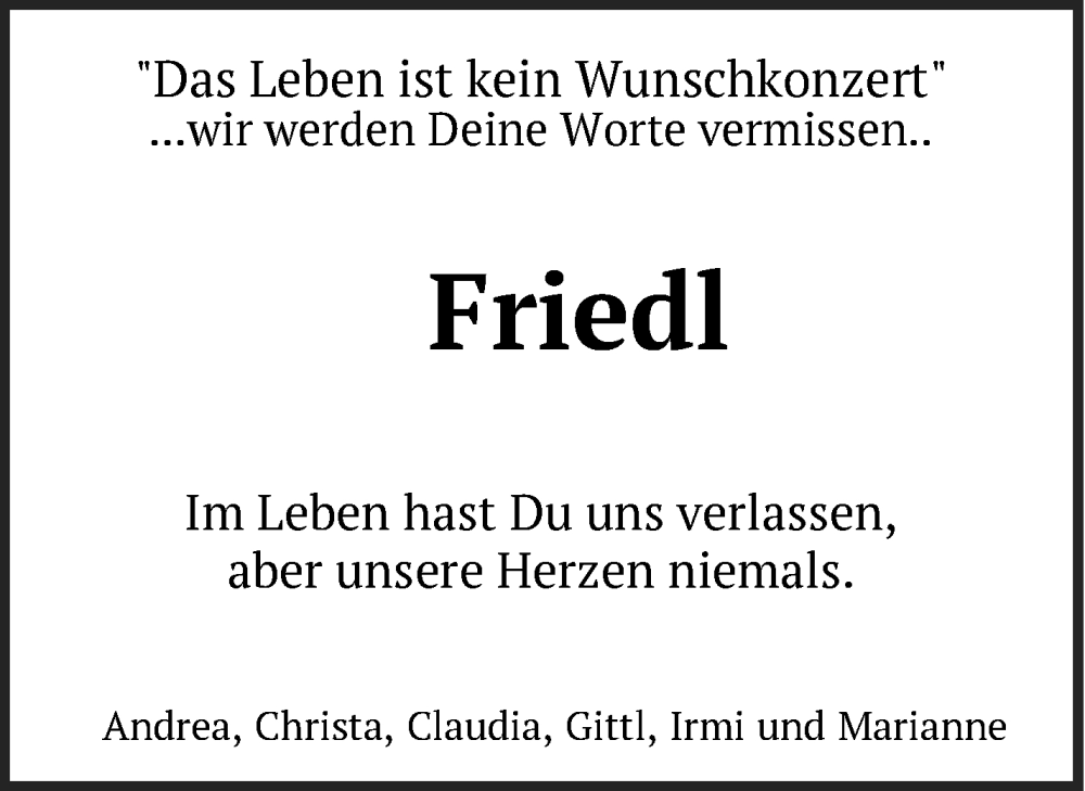  Traueranzeige für Friedl  vom 10.06.2023 aus Neumarkter Tagblatt