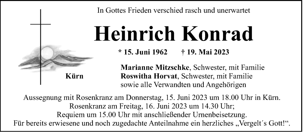  Traueranzeige für Heinrich Konrad vom 13.06.2023 aus Mittelbayerische Zeitung Regensburg