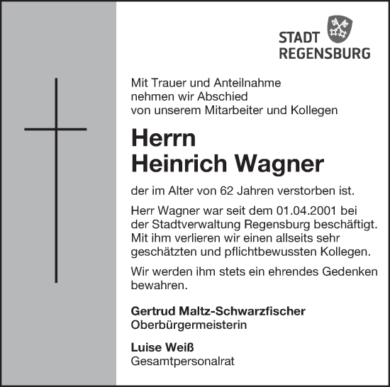 Traueranzeige von Heinrich Wagner von Mittelbayerische Zeitung Regensburg