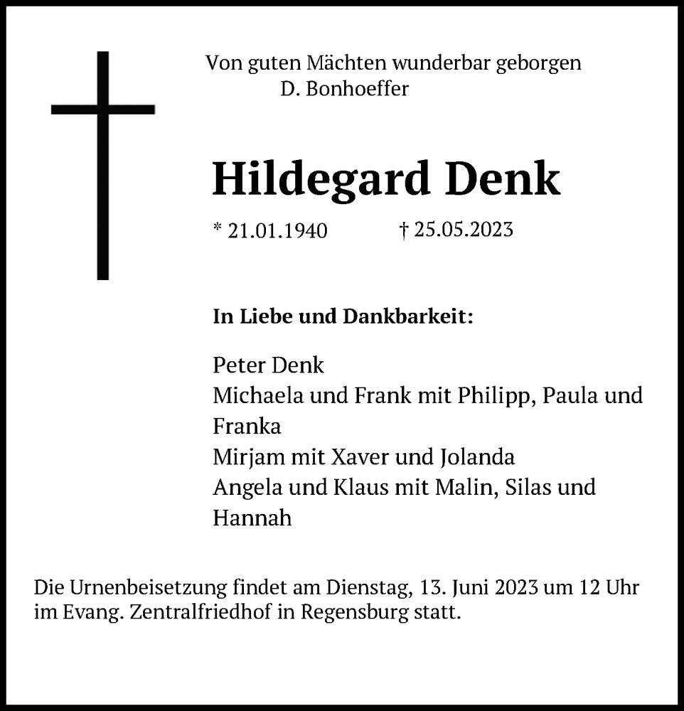  Traueranzeige für Hildegard Denk vom 10.06.2023 aus Mittelbayerische Zeitung Kelheim