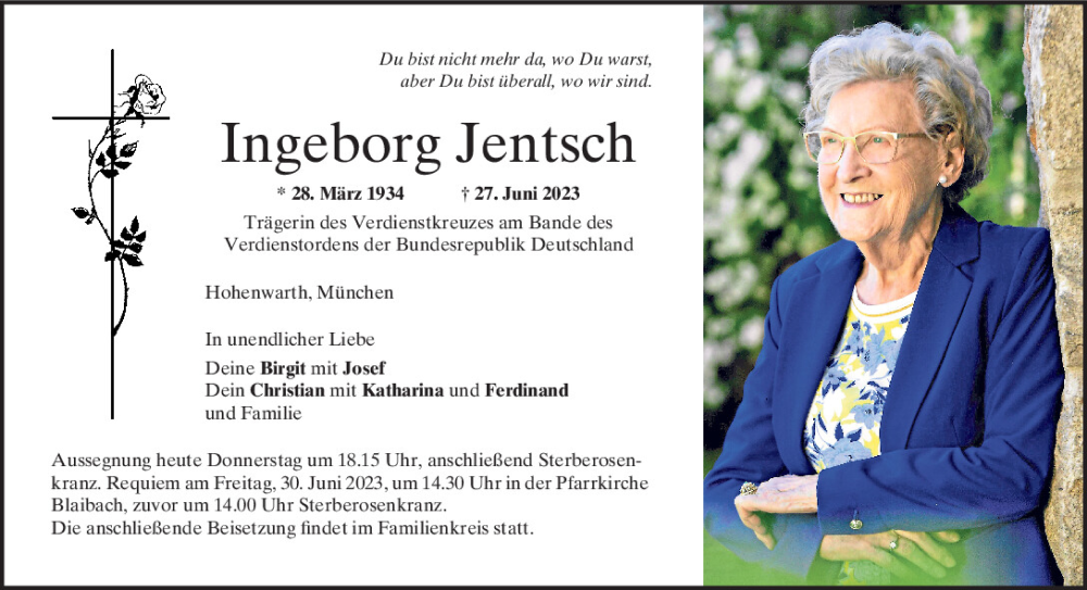  Traueranzeige für Ingeborg Jentsch vom 29.06.2023 aus Bayerwald Echo