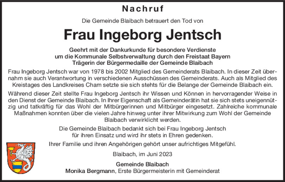  Traueranzeige für Ingeborg Jentsch vom 30.06.2023 aus Bayerwald Echo