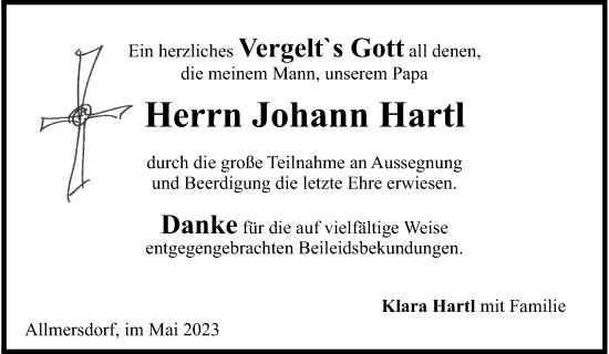 Traueranzeige von Johann Hartl von Mittelbayerische Zeitung