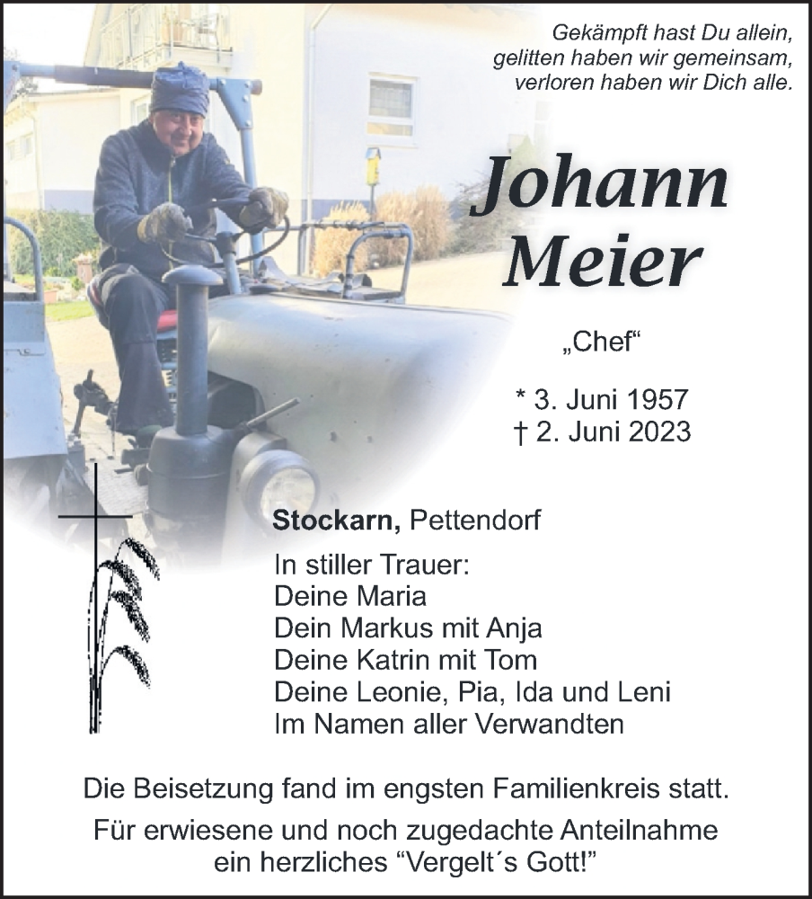  Traueranzeige für Johann Meier vom 10.06.2023 aus Mittelbayerische Zeitung Schwandorf