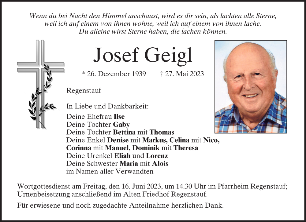  Traueranzeige für Josef Geigl vom 10.06.2023 aus Mittelbayerische Zeitung Regensburg