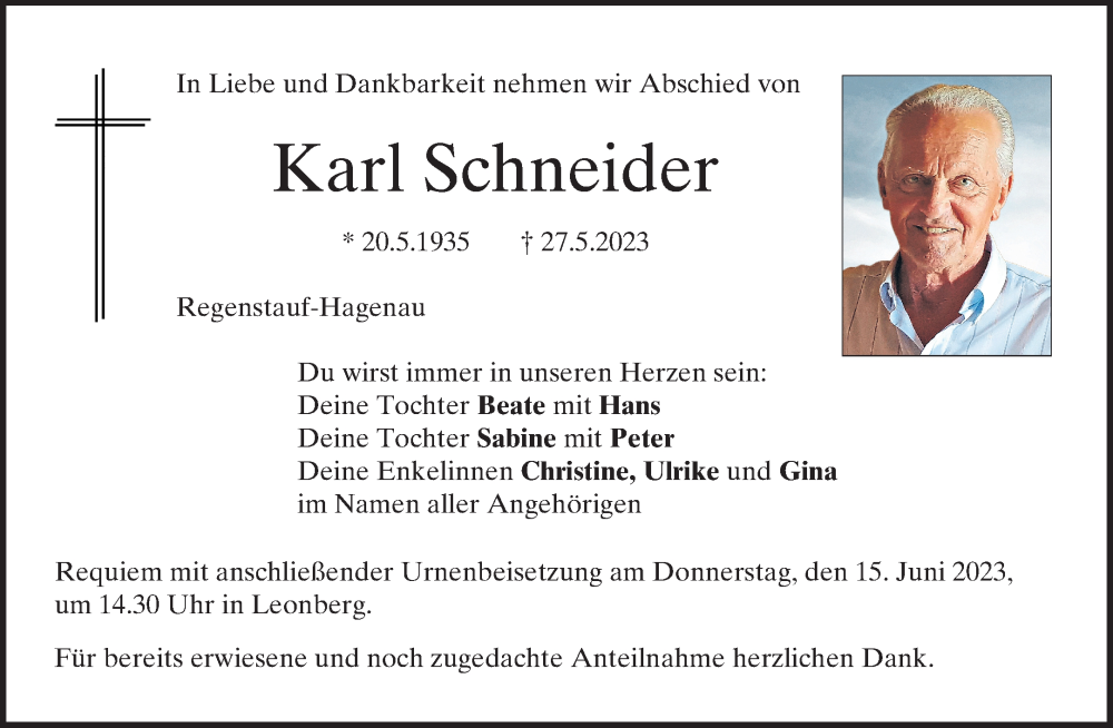  Traueranzeige für Karl Schneider vom 10.06.2023 aus Mittelbayerische Zeitung Regensburg