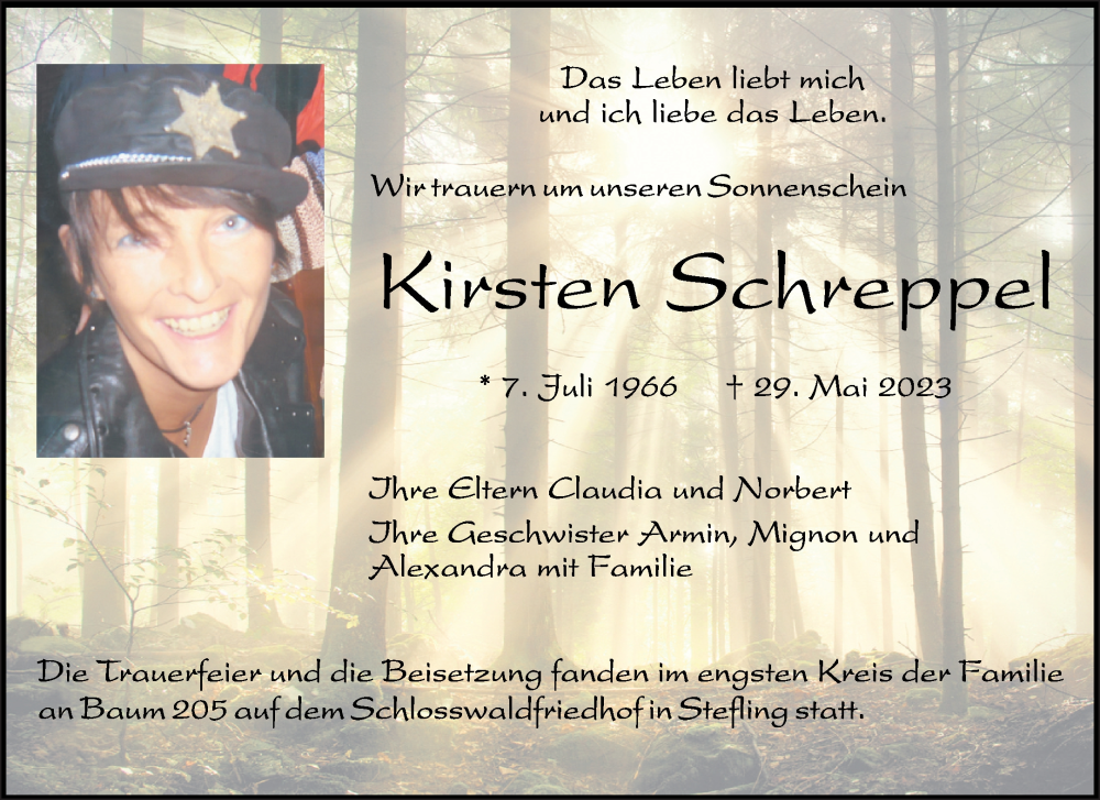  Traueranzeige für Kirsten Schreppel vom 10.06.2023 aus Mittelbayerische Zeitung Schwandorf