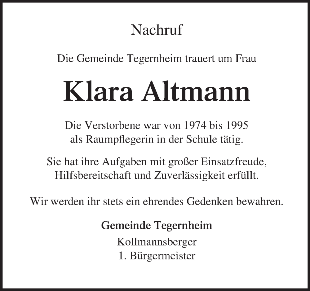  Traueranzeige für Klara Altmann vom 10.06.2023 aus Mittelbayerische Zeitung Regensburg
