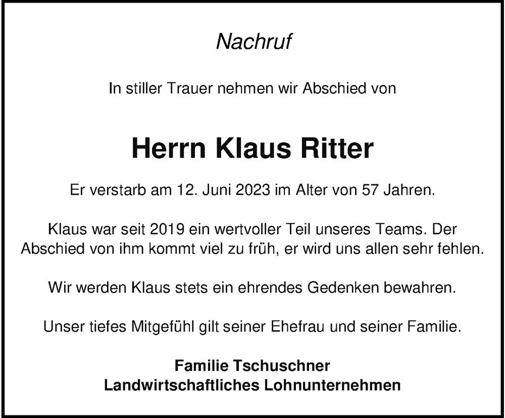  Traueranzeige für Klaus Ritter vom 23.06.2023 aus Mittelbayerische Zeitung Regensburg