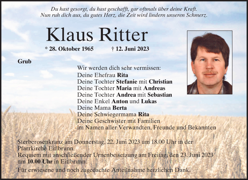  Traueranzeige für Klaus Ritter vom 17.06.2023 aus Mittelbayerische Zeitung Regensburg