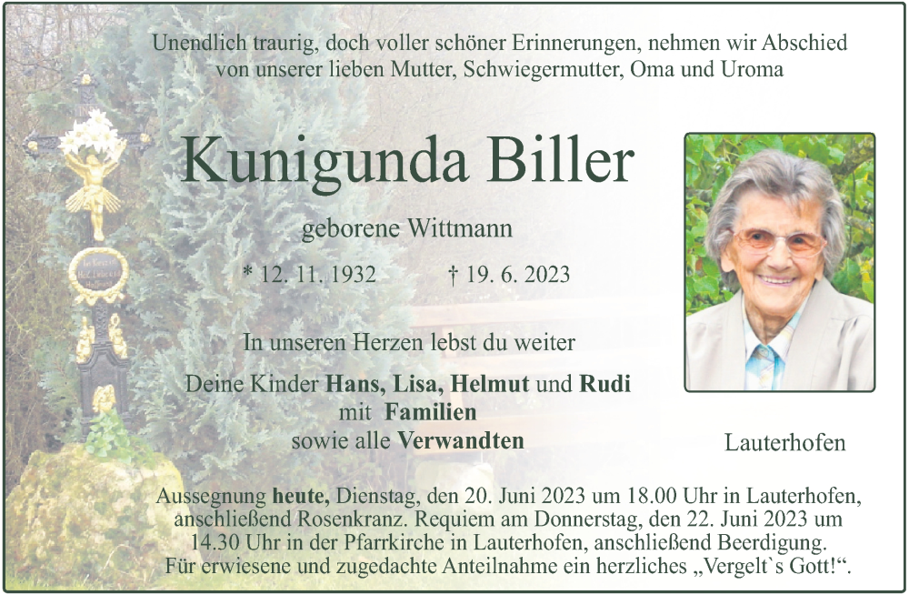 Traueranzeige für Kunigunda Biller vom 20.06.2023 aus Neumarkter Tagblatt