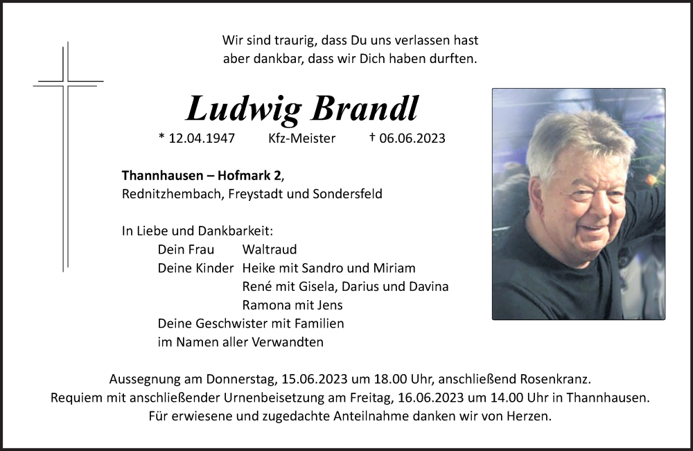  Traueranzeige für Ludwig Brandl vom 13.06.2023 aus Neumarkter Tagblatt