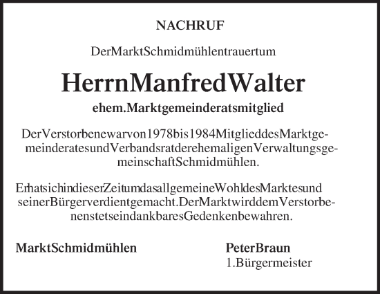 Traueranzeige von Manfred Walter von Mittelbayerische Zeitung Schwandorf