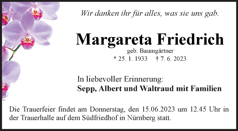  Traueranzeige für Margareta Friedrich vom 10.06.2023 aus Mittelbayerische Zeitung Schwandorf