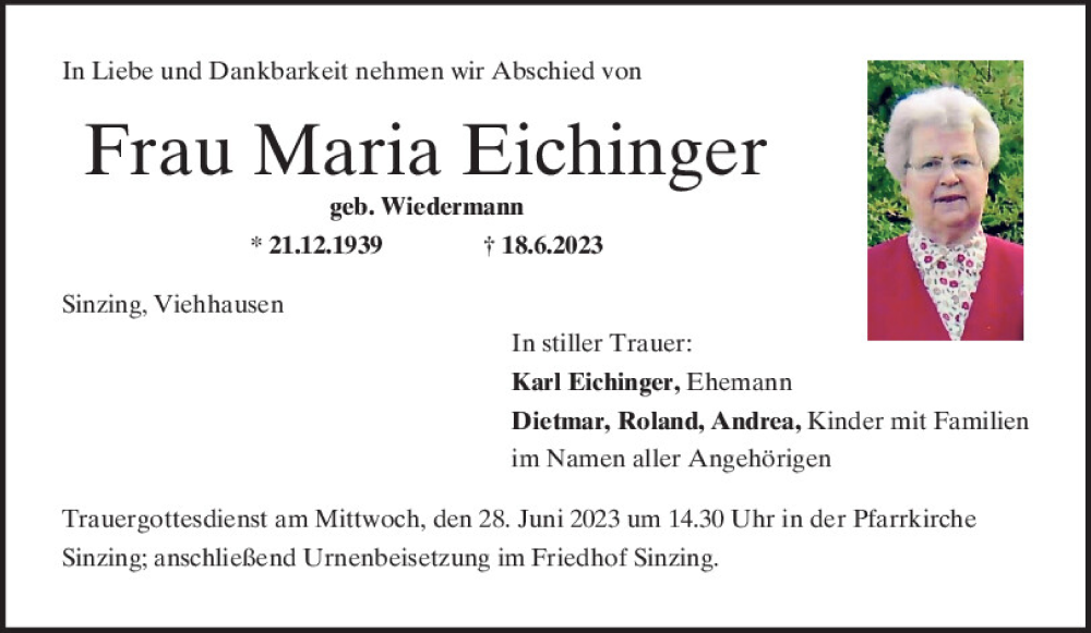  Traueranzeige für Maria Eichinger vom 24.06.2023 aus Mittelbayerische Zeitung Regensburg