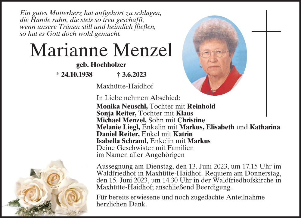  Traueranzeige für Marianne Menzel vom 10.06.2023 aus Mittelbayerische Zeitung Schwandorf