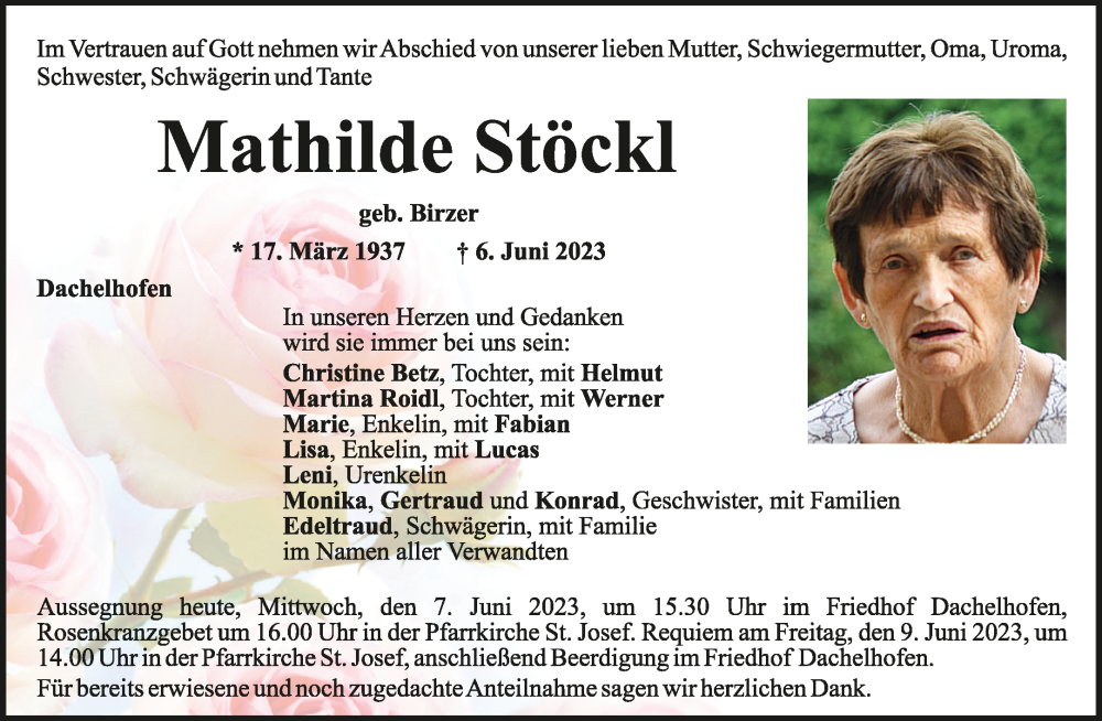  Traueranzeige für Mathilde Stöckl vom 07.06.2023 aus Mittelbayerische Zeitung Schwandorf