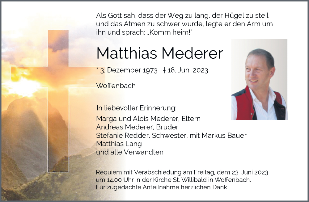  Traueranzeige für Matthias Mederer vom 22.06.2023 aus Neumarkter Tagblatt