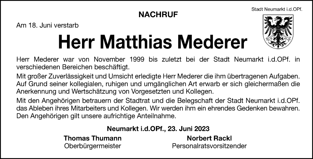  Traueranzeige für Matthias Mederer vom 23.06.2023 aus Neumarkter Tagblatt