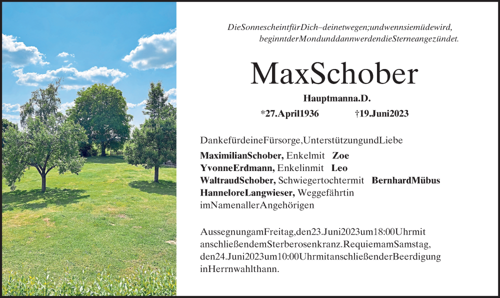  Traueranzeige für Maximilian Schober vom 22.06.2023 aus Mittelbayerische Zeitung Kelheim