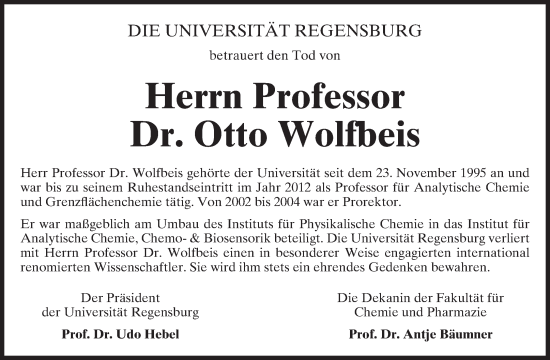 Traueranzeige von Dr. Otto Wolfbeis von Mittelbayerische Zeitung Gesamtausgabe