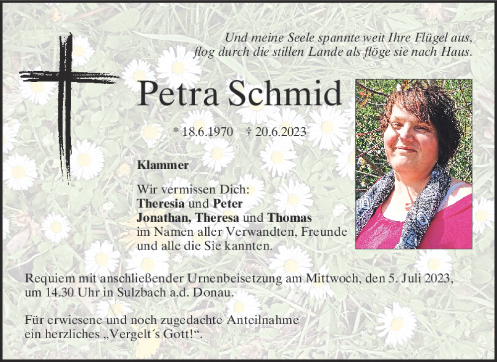  Traueranzeige für Petra Schmid vom 01.07.2023 aus Mittelbayerische Zeitung Regensburg