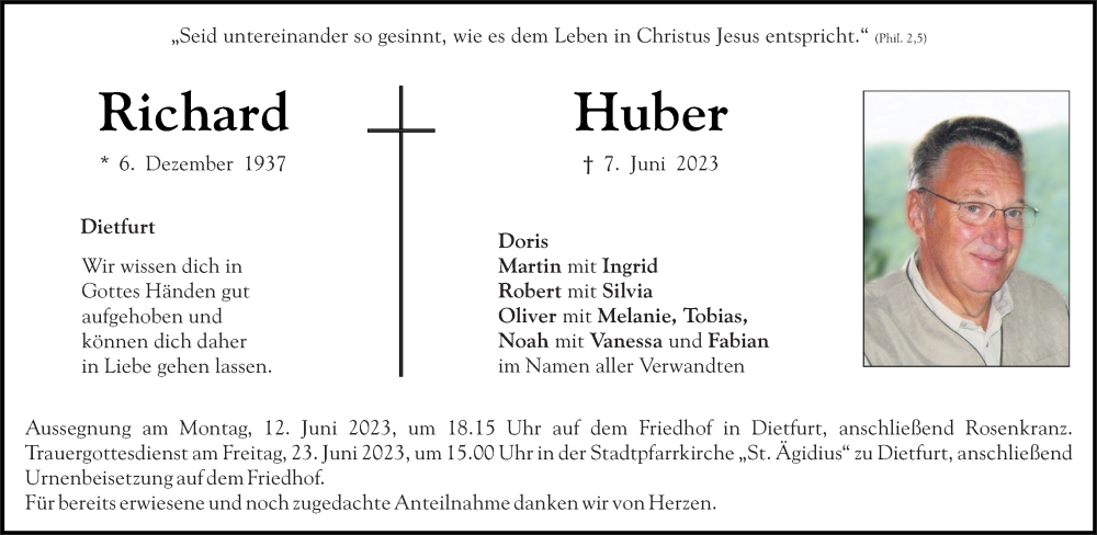  Traueranzeige für Richard Huber vom 10.06.2023 aus Neumarkter Tagblatt