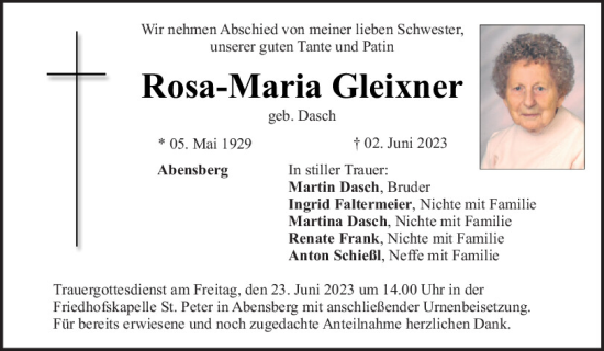 Traueranzeige von Rosa-Maria Gleixner von Mittelbayerische Zeitung Kelheim