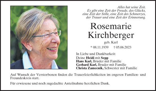Traueranzeige von Rosemarie Kirchberger von Mittelbayerische Zeitung Regensburg