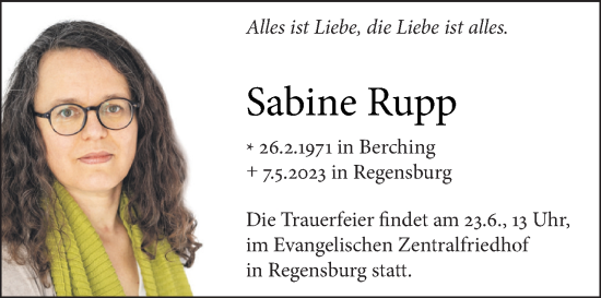 Traueranzeige von Sabine Rupp von Mittelbayerische Zeitung Regensburg